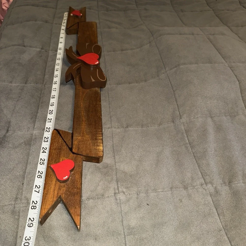 Vintage Wooden Bow Ribbon Wall Hanging Red Hearts Cottage Core Country Decor 29